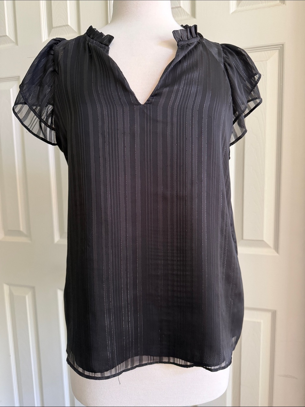 Banana Republic Black Short Flutter Sleeve V-Neck Blouse